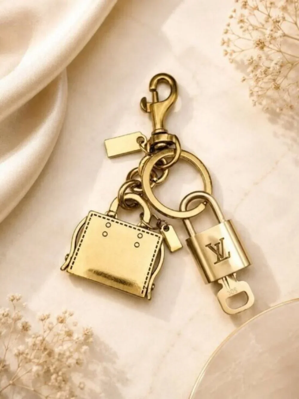 LV Gold Padlock Authentic 🔑 Luxury Bag Charm w/ Unbranded Golden Bag Keychain